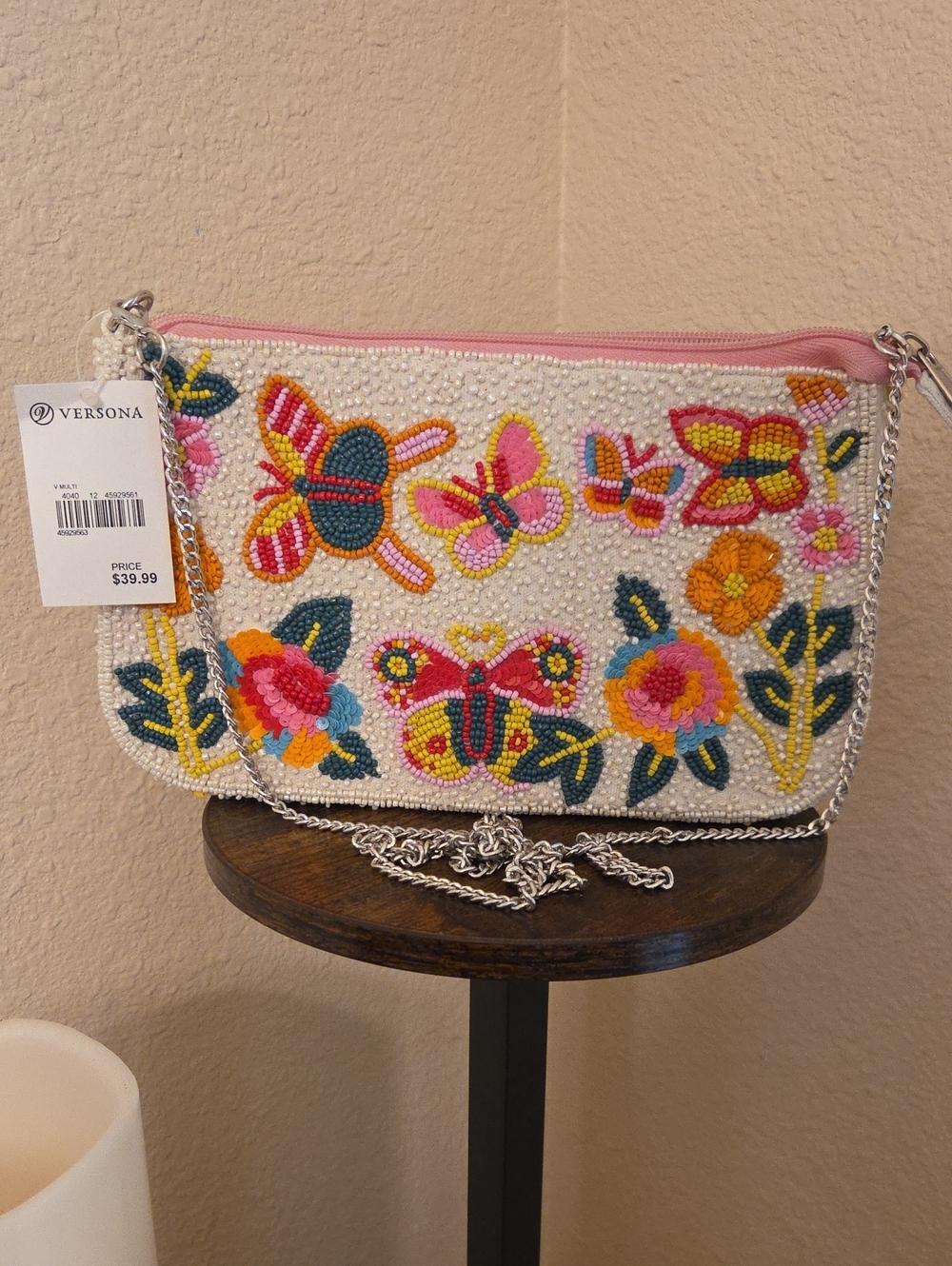 Versona Pink & Cream Beaded Floral and Butterfly Crossbody Clutch